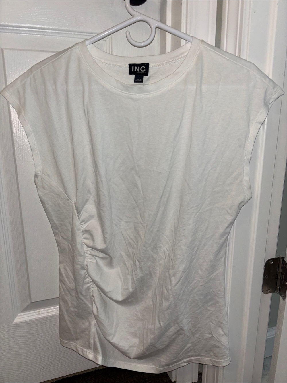 INC International Concepts White Cap Sleeve Ruched Side Tee